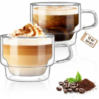 glastal 350ml Latte Macchiato Gläser Doppelwandige Kaffeegläser 2er Set | Borosilikatglas, Stapelbare Doppelwandige Glas, Mit Henkel, Geeignet für Cappuccino Tee EIS Milch Bier