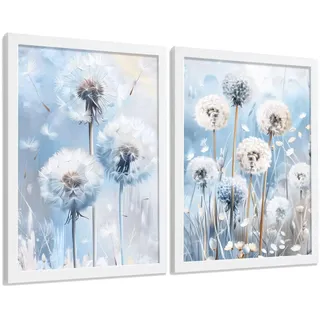 POSTER 2er Kunstdruck-Set Wandbilder Blumen Blau modern Wohnzimmer Deko, Schlafzimmer, Küche, Badezimmer Weißer Rahmen A4