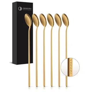 JODORA Design Latte Macchiato Löffel gold matt - 6 stabile Eislöffel lang 19cm - Hochwertige Marmeladenlöffel aus rostfreien 304 Edelstahl - lang Latte Macchiato Löffel spülmaschinenfest