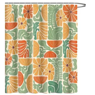 Coonoor Duschvorhang Boho Duschvorhang mit abstraktem, buntem Blumenmuster Breite 180 cm (1-tlg), Vintage Retro Patchwork – Geometrisches Botanisches Design für das Bad grün