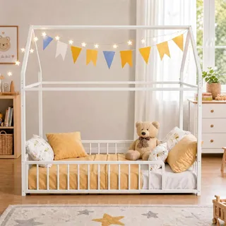IRONCK Bett mit Rausfallschutz, Hausbett 90x200 cm, Bodenbett, Weiß | Hausbett aus Metall, Metallbett, Hausdach-Design, modernes Bettgestell, Schlafzimmermöbel
