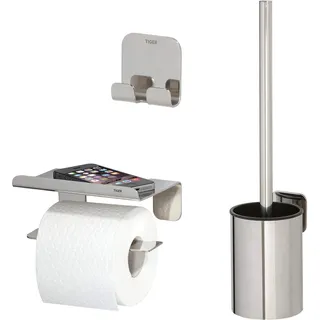 Tiger Colar Badaccessoire-Set, 3-teilig, bestehend aus Toilettenpapierhalter mit Ablage, Haken und WC-Bürste zur Wandbefestigung, Montage ohne Bohren Dank integrierter Klebefolie, Edelstahl poliert