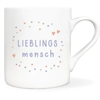 mintkind® Tasse Lieblingsmensch 400 ml Porzellan Kaffeebecher mit Konfetti Design Herzmotive Geschenk zu Weihnachten für Freundin Partner Familie liebevolle Geschenkidee in Weiß