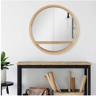 PHOTOLINI Spiegel mit Holzrahmen und praktischer Ablagefläche, Wandspiegel Naturholz Rund - Ø 60 cm x 60 cm x 60 cm x 8 cm