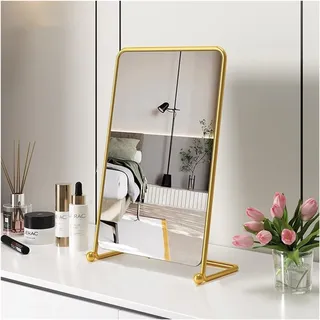 NOIRDA Desktop-Kosmetikspiegel, Schminkspiegel Mit Metallrahmen, Standspiegel Klein, Makeup Spiegel Rechteckiger Spiegel, Kompakter Tischspiegel(Gold,30x40cm)