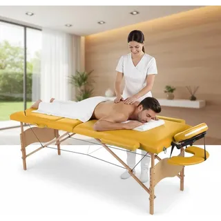 MuCoLa Massageliege 3 Zonen Massagebank klappbar Kosmetikliege Massagetisch mobile Therapieliege Holzgestell - Gelb - Gelb
