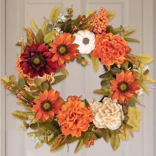 Famanu Herbstkranz Türdekoration - Sonnenblumen und Kürbis Design, 45 cm