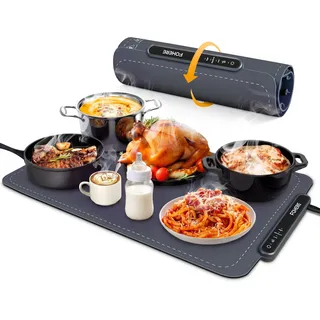 FOHERE Elektrische Warmhalteplatte aus Silikon – 60x38cm Rollbare Warmhaltematte für Speisen mit 3 Temperaturstufen – Tragbarer Speisenwärmer mit Timer & Kindersicherung für Buffet, Party & Küche