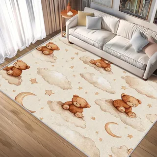 UUZEAI Teddybär-Teppich, 90 x 180 cm, waschbar, rutschfest, Aquarell-Mond- und Wolkenmuster, Kurzflorteppich für Kinderzimmer, Jungen- und Mädchenzimmer