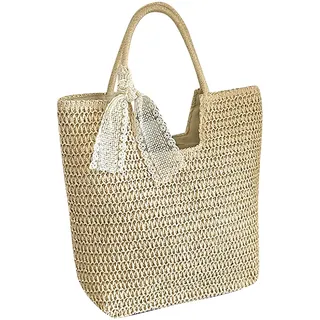 Generisch Stroh Strandtasche für Damen, Summer Stroh Handtasche Schultertasche mit Reißverschluss, Strohtasche Geflochten Korbtasche Basttasche für Strand Reise Einkauf (Weiß)