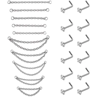 NICENEEDED 22 PCS 20G Nasenring Kette Nasenring Stud Splitterfarbenes Nasenkettenpiercing Mit Doppelter Nasenkugel CZ Nasenstecker Nasenlochpiercing Schmuck Für Frauen Männer