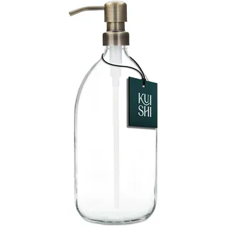 Kuishi Klarglas-Pumpflasche Spender [1000 ml, goldene Pumpe] Nachfüllbare Braunglas-Seifenspender Flasche mit Edelstahlpumpe, umweltfreundlich (BPA-frei)