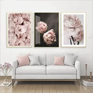 HTWLMM Rosa Blühende Blume Bilder Nordic Leinwand Poste Wandbilder Wohnzimmer Mädchen Schlafzimmer Deko Modern Kunst Badezimmer Bilder Poster Set Rahmenlos (3X30X40CM,3)