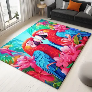 Generisch Aquarell Tiere Papagei Teppich Allergiker, Rutschfester & Staubabweisender Teppich 120 cm x 170 cm Waschbarer Kurzflor Bodenläufer Mehrfarbig, für Eingang Schlaf Wohnzimmer Flur