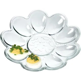 KADAX Eierteller aus Glas, ⌀ 21,5 cm, praktischer Teller für Eier, Eierhalter, robuste Eierablage, Eierplatte, Eierbehälter, Eiertablett, Eierspender (Blumenforme, transparent, 9 Eier)