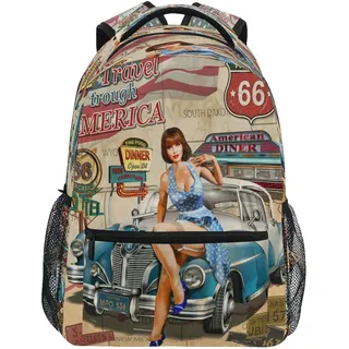 GIGIJY Vintage Design Amerika Reise Poster Rucksack Schule Büchertasche Reisen Casual Daypack für Kinder Mädchen Jungen Herren Damen