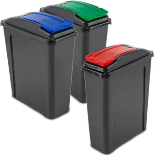 Mülltonne 3x 25 Liter Schwarz-Grün-Blau-Rot, Mülleimer Küche, Mülleimer 3 Fächer, Mülltrennsystem 3fach, Abfalleimer Küche, Trash Bin, Mistkübel, Gelber Sack Mülleimer Deckel, Müll, Mülltrennsysteme