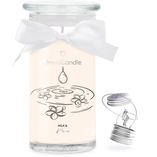 JuwelKerze Milk & Monoi Halskette Silber - große Schmuckkerze 80 Std - Duftkerze mit blumigem Duft - Kerze mit Schmuck - Geschenke für Frauen, Geburtstag