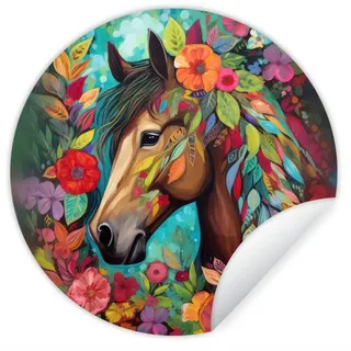 MuchoWow Wandsticker Pferd - Blumen - Malerei - Natur - Farbe (1 St), Wanddeko Wohnzimmer Schlafzimmer Wandverkleidung, 50x50 cm bunt 50 cm x 50 cm x 0.1 cm