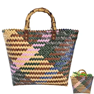 Einkaufskorb Geflochten aus Kunststoff, Flechttasche Groß, Korb Geflochten, Korbtasche Sommer, Korb Taschen für Damen, Wasserdicht Strandtasche, Basttaschen, Einkaufstasche Geflochten Tasche (C)
