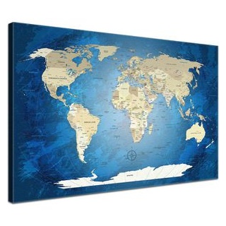 Lana-KK Weltkarte Blue Ocean, deutsch, Pinnwand, Leinwandbild mit Korkrückwand, 100 x 70cm