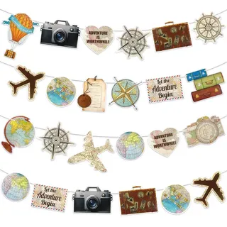 24 Stück Vintage-Reisebanner, Retro-Abenteuer-Party-Wimpelkette, Dekorationen, Globus-Flugzeug-Kompass, Heißluftballon, Koffer-Kamera, Wanderlust-Themenpartyzubehör für Geburtstag, Abschluss, Abschied
