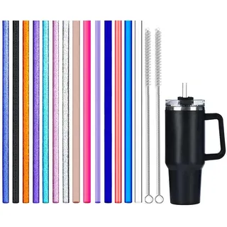 14 Stück Glitzer Tumbler Strohhalme für 40oz/30oz Stanley Adventure Reisebecher Set, 11 Zoll Wiederverwendbare Dicke Kunststoff Strohhalme, Bunte Kunststoff-Strohhalm mit 2 Reinigungsbürsten