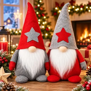 KAMACA 2er-Set Weihnachtswichtel Größe M in Rot & Grau | Flauschiger Rauschebart Wichtel für Fensterbank Kaminsims Geschenkidee Weihnachten Winter Advent XMAS