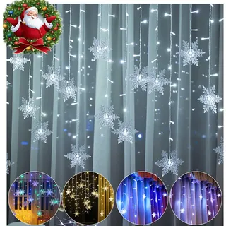 Rosnek LED-Lichtervorhang 12cm Schneeflocke Weihnachtsbeleuchtung, 8 Modi, Timer, anschliessbar, Speicherfunktionen; Wohnzimmer Deko weiß