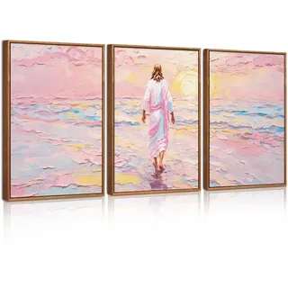 ANHUIB Wandkunst Religiöse Leinwandbilder Jesus Christlicher Poster Christliche Wanddeko Christliche Wandbilder 3 er set für Kirche Gebetszimmer Wohnzimmer Zuhause Deko Rosa Bilder Leinwand 30x40cm