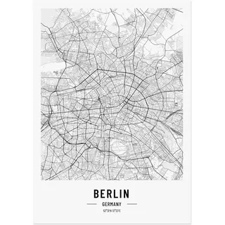 JUNOMI® Berlin Stadtplan Poster DIN A2 (42x59,4 cm) - Schwarz Weiß Design Wandbild - Modernes Stadtposter ohne Rahmen für Wohnzimmer & Büro