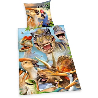 Herding Dinosaurier Selfies Bettwäsche-Set, Wendemotiv, Kopfkissenbezug 80 x 80 cm, Bettbezug 135 x 200 cm, Baumwolle/Renforcé, Mehrfarbig