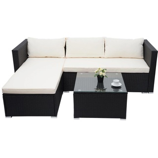 Poly-Rattan Garnitur HWC-F57, Balkon-/Garten-/Lounge-Set Sofa Sitzgruppe schwarz, Kissen creme ohne Deko-Kissen
