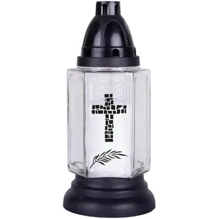 HS Candle Grableuchte aus Glas (24 cm) mit Kreuz inklusiv Kerze - Design Brava weiß