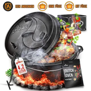 Grillas® Dutch Oven Set 9 Liter / Topf Ohne Füße Deckelheber Bbq Gusseisen Feuertopf Gusstopf Schmortopf