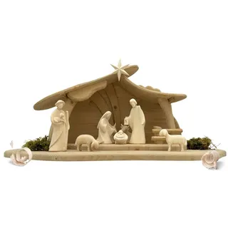 Akantus Krippe Weihnachtskrippe aus Holz: 8-teiliges Figuren Set (natur) mit Stall, holzgeschnitzt, Ahornholz, Made in Südtirol 13 cm