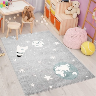 Kinderteppich Bubble Kids Flachflor Weltall Rakete Sterne in Grau Blau für Kinderzimmer: Größe 80x150 cm