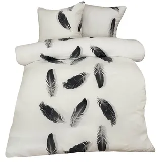 Thermofleece Mikrofaser Bettwäsche Set 200x220 cm Weiß Schwarz Federdesign mit Reißverschluss - Weiß