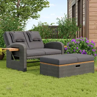 KUAKE Rattan Gartenlounge Set Outdoor, Rattan Gartenliege 2 Sitzer mit Schlaffunktion, Verstellbare Rückenlehne, Gartensofa mit Hocker und Stauraum, Garten Doppelliege mit Seitenablagen, Grau
