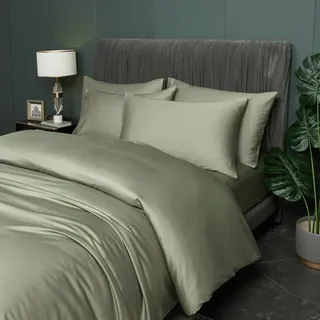 DXHOME Bambus Bettwäsche Salbeigrün Grün 135x200cm Glatt Luxus Einzelbett Sommerbettwäsche Luxus Lyocell Kühlende Bambusfaser Bettwäsche-Set Bettbezug mit Reißverschluss und 1 Kissenbezug 80x80cm