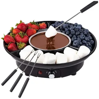 REVENTO® Schokoladenbrunnen Schmelztopf Fondue-Set mit 3-Fach Servierbrett, herausnehmbarer Edelstahlschüssel & 4 Gabeln, 2 Temperaturstufen - Schwarz