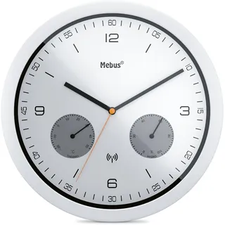 Mebus Funk-Wanduhr mit Thermometer und Hygrometer/Kunststoff/Rund/Modell: 52826 / Farbe: Weiß