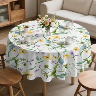 Gelbe Blumen Tischdecke Rund 180 cm Abwaschbar, Wetterfest mit Lotuseffekt, Gartentischdecke, Botanische Natur Tischtuch für Balkon, Garten, Terrasse, Küche, Party Deko A-7