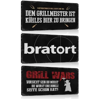 3er Set Grill bratort Schilder 15x30cm - Retro Blechschild mit Spruch Lustig - Grill Wars - Dem Grillmeister ist kühles Bier - BBQ Poster Wanddeko Geschenk für Griller Küche Grillplatz Grillecke