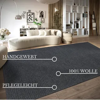 Villeroy & Boch Wollteppich Francois - Natur Wohnzimmerteppich - Handgewebt & Natürlich - Boho Teppich Wolle für Wohnzimmer, Schlafzimmer, Esszimmer, Flur, Küche – Anthrazit, 60x90cm