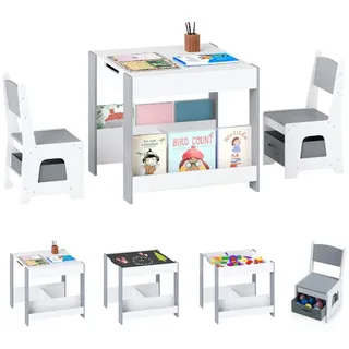 KOMFOTTEU Kindersitzgruppe, 4 in 1 Kindertisch mit 2 Stühlen, Seitenregalen & 2 Stoffboxen grau