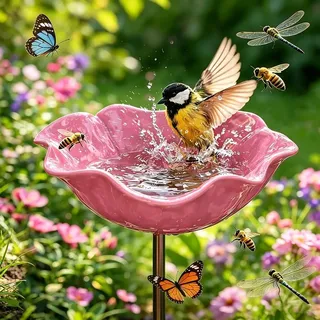 Vogeltränke Stehend, 2026 Neue Blumen Gartenstecker Bienentränke Metall, Winterfester Insektentränke Garten, Vogelfutterhaus Gartenfiguren & Gartenstatuen Gartendeko für Draußen (Rosa)