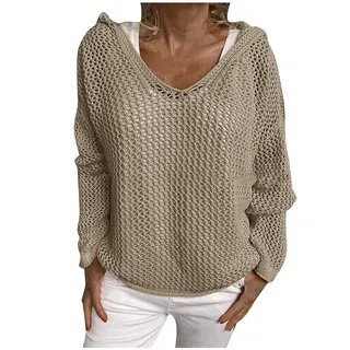 JiJiRuDU 2022 Frühling Damen Pullover, Woll Strickpullover mit Sonnenschutz Kapuze dünner locker sitzender Pullover, modischer durchbrochener Netzpullover - XL