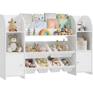 WOLTU Kinderregal, Bücherregal Kinder aus Holz, Spielzeugregal mit 6 Plastikschubladen für Kinderzimmer, Wohnzimmer, Arbeitszimmer, 4 offene Fächer, Weiß, 140 x 90 x 30 cm