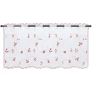 Joyswahl Scheibengardine, Stangendurchzug, halbtransparent, Blattmuster Bistrogardine, Landhausstil, Leinenoptik rot 120 cm x 60 cm